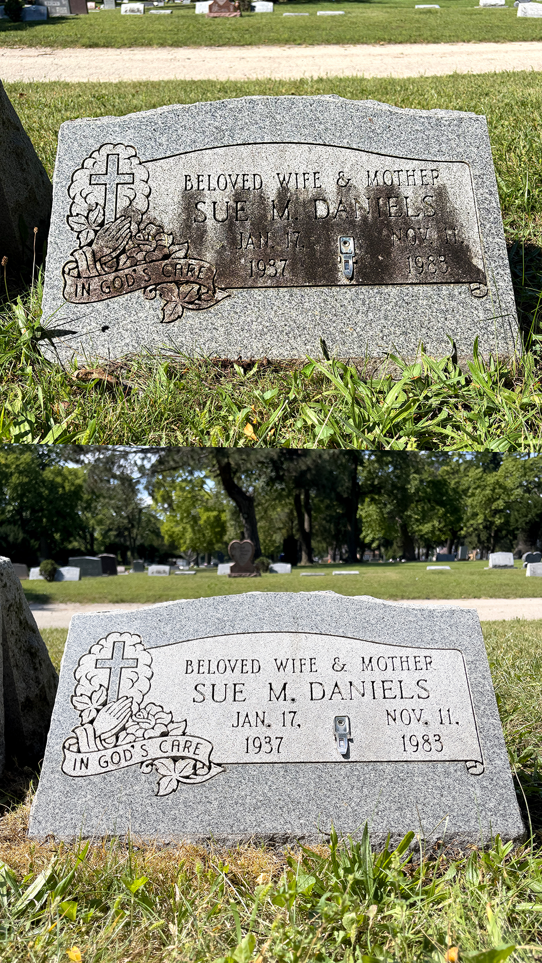 Before and after cleaning of the Sue M. Daniels memorial